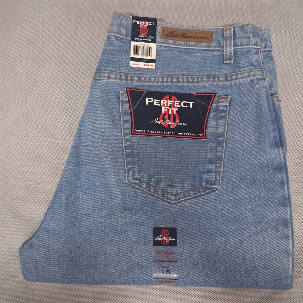 90's Bill Blass Perfect Fit Blue Jeans Women's 16 Avg 34x33 Boot Light Wash NEW